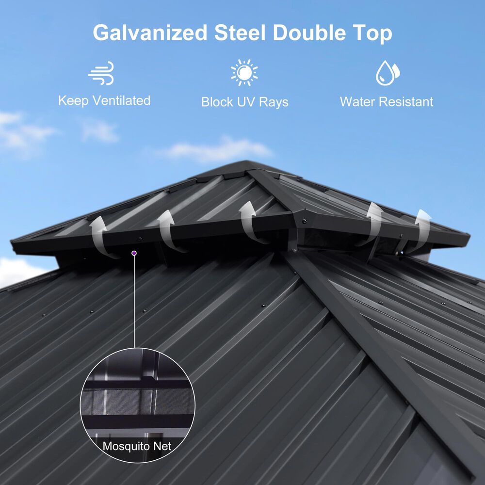 HOMLUX 8' x 8' Outdoor Hardtop Gazebo with Galvanised Steel Roof, Netting, and Curtains in Grey, , large