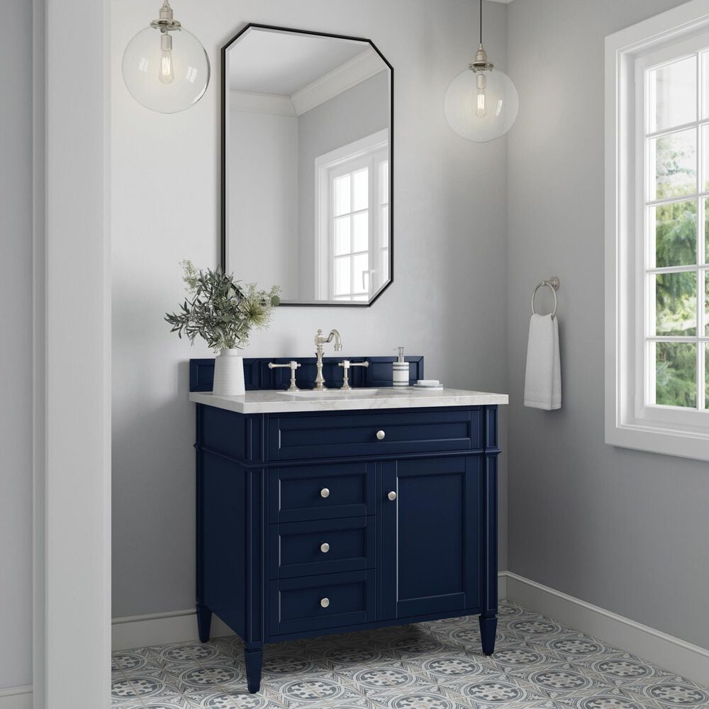 James Martin Vanities Brittany 36" Single Bathroom Vanity in Victory Blue with 3 cm Victorian Silver Quartz Top and Rectangular Sink, , large