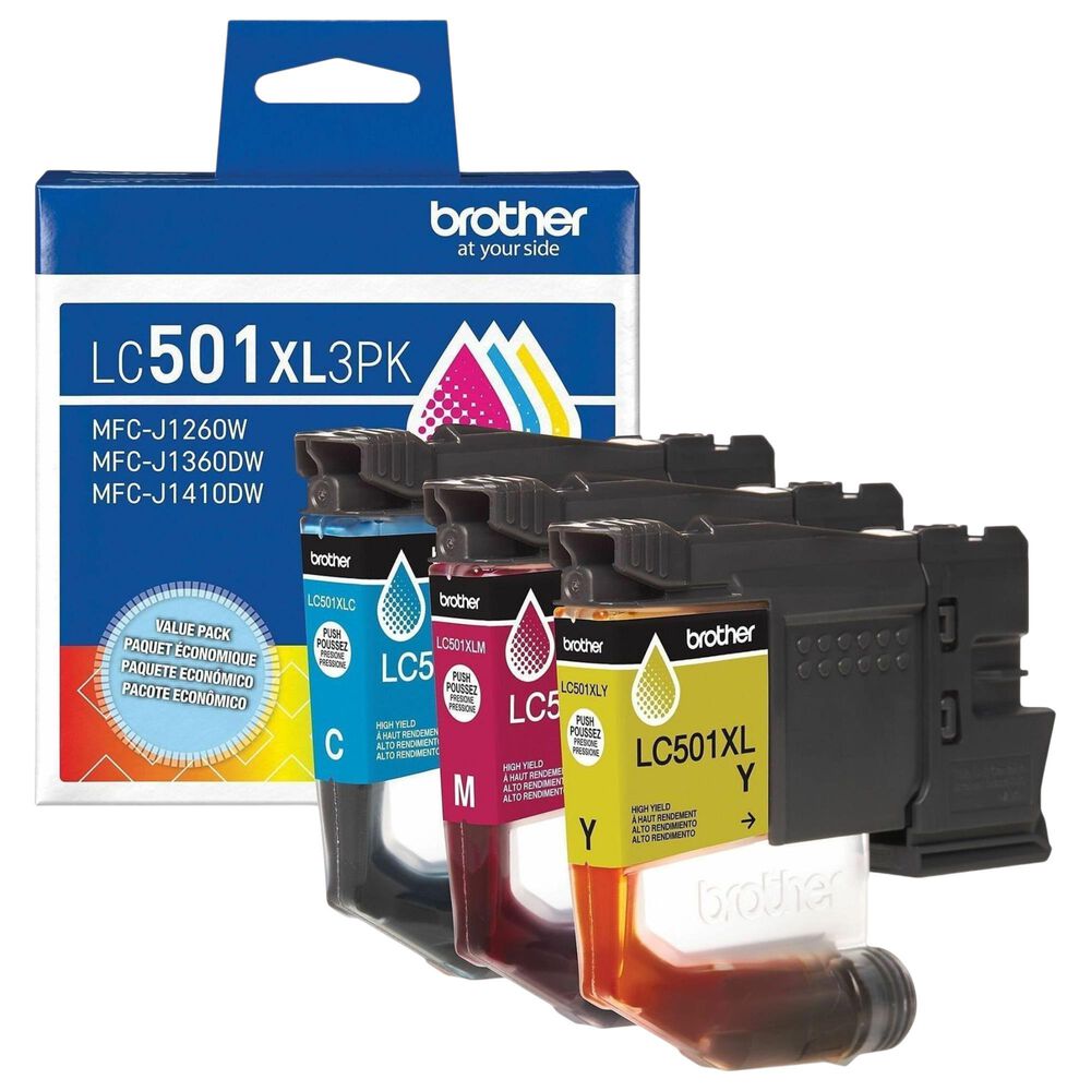 Brother 3-Pack LC501XL3PKS High Yield Ink Cartridges in Cyan, Magenta, and Yellow, , large