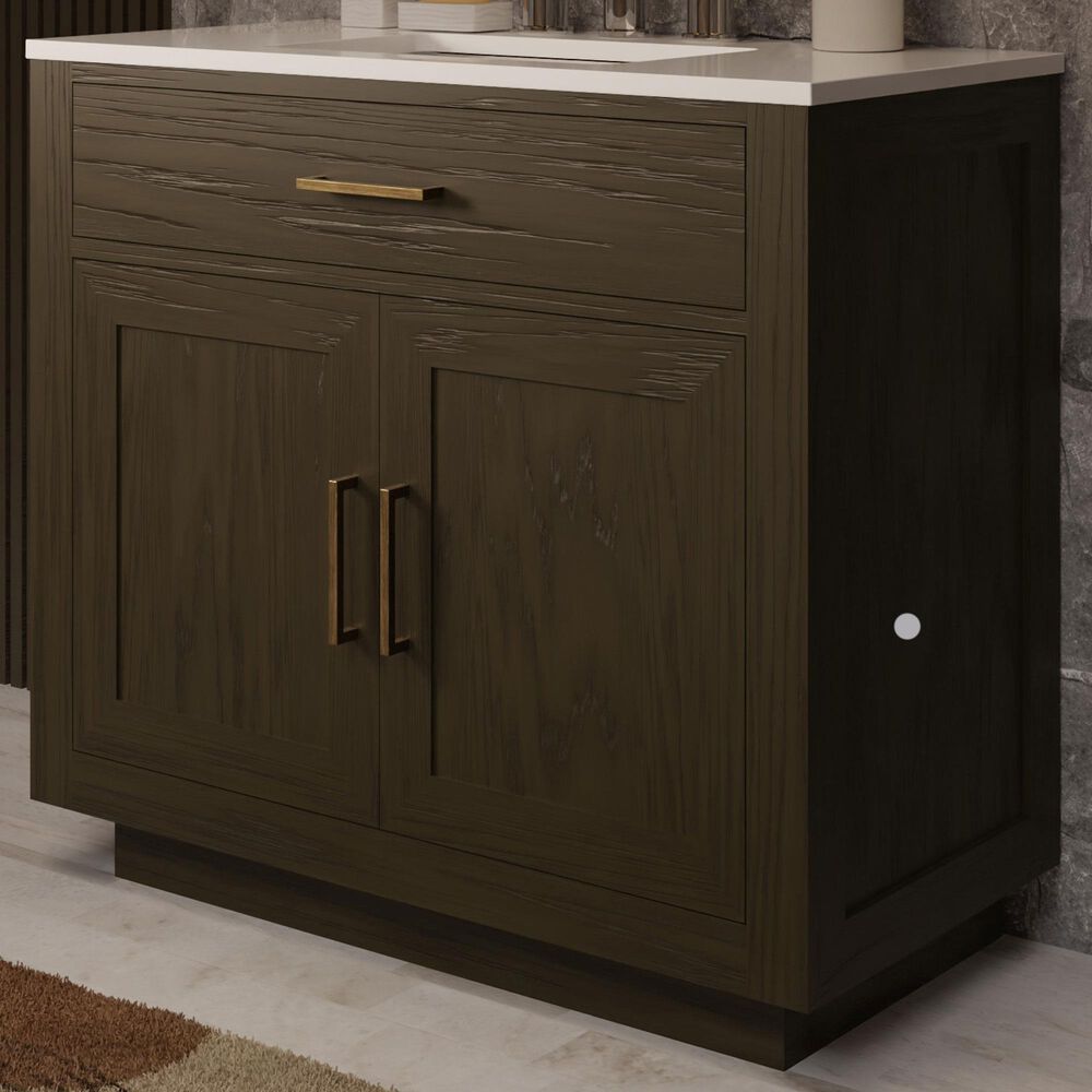 Lexora Home Abbey 36&quot; Single Bathroom Vanity in Brown Oak with 2 cm White Quartz Top and Rectangular Sink, , large