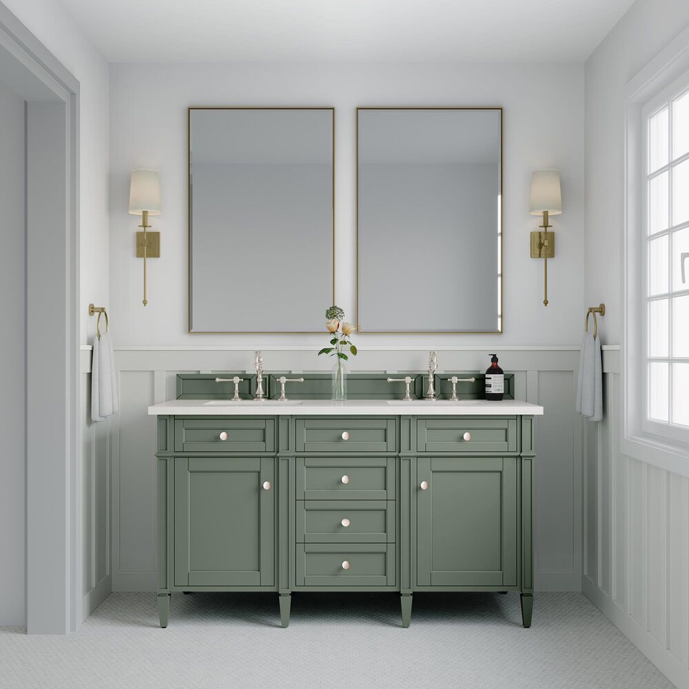 James Martin Vanities Brittany 60&quot; Double Bathroom Vanity in Smokey Celadon with 3 cm White Zeus Quartz Top and Rectangular Sinks, , large