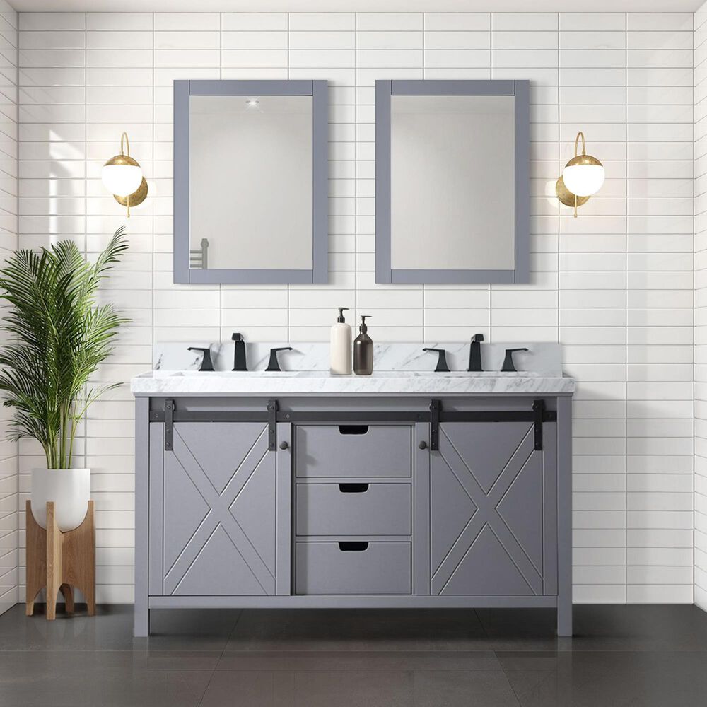 Lexora Home Marsyas 60&quot; Double Bathroom Vanity in Dark Grey with White Carrara Marble Top and Rectangular Sinks, , large
