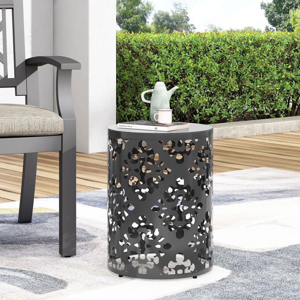 Hearth and Haven Large Iron Patio End Table with Floral Pattern in Black, , large