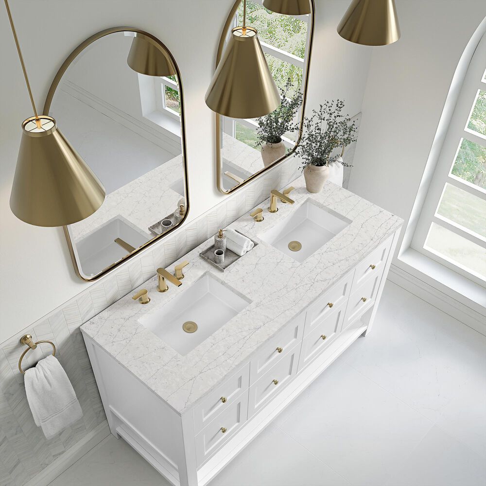 James Martin Vanities Breckenridge 60&quot; Double Bathroom Vanity in Bright White with 3 cm Eternal Jasmine Pearl Quartz Top and Rectangular Sinks, , large