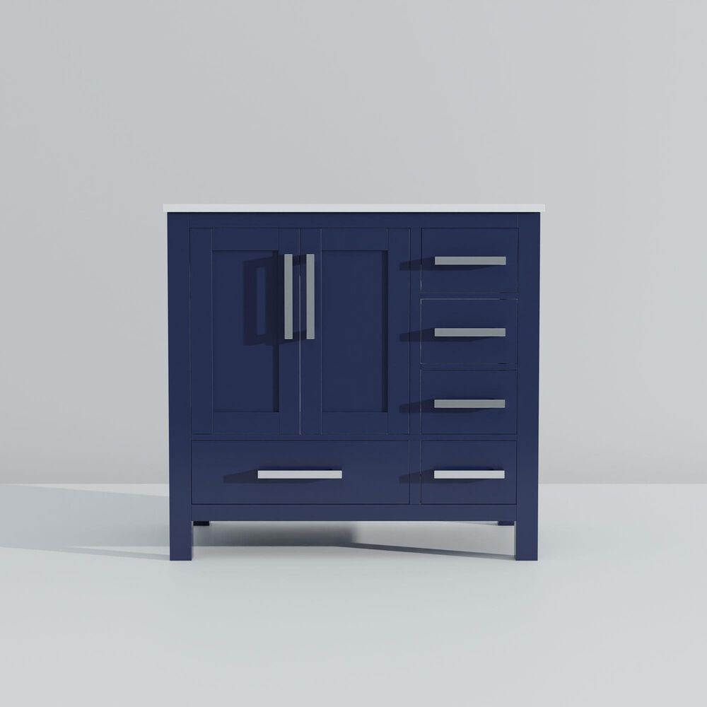 Lexora Home Jacques 36&quot; Left Offset Single Bathroom Vanity in Navy Blue with 2 cm White Quartz Top and Rectangular Sink, , large
