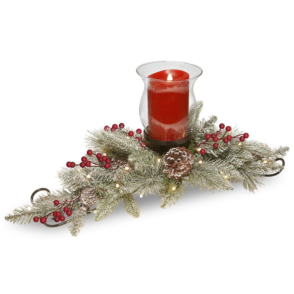 National Tree 30" Snowy Bristle Berry Candle Holder Centerpiece with Battery operated LED lights, , large