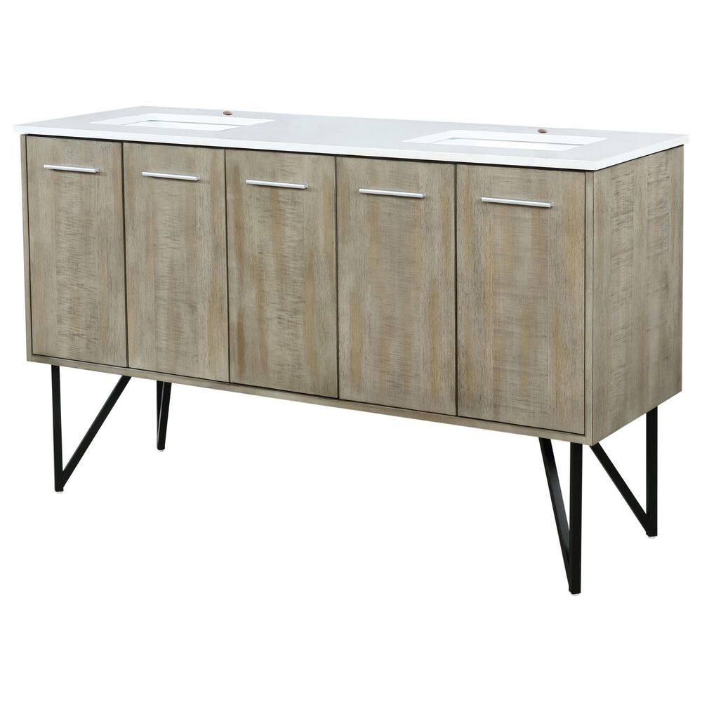 Lexora Home Lancy 60" Double Bathroom Vanity in Rustic Acacia with 2 cm White Cultured Marble Top and Rectangular Sinks, , large