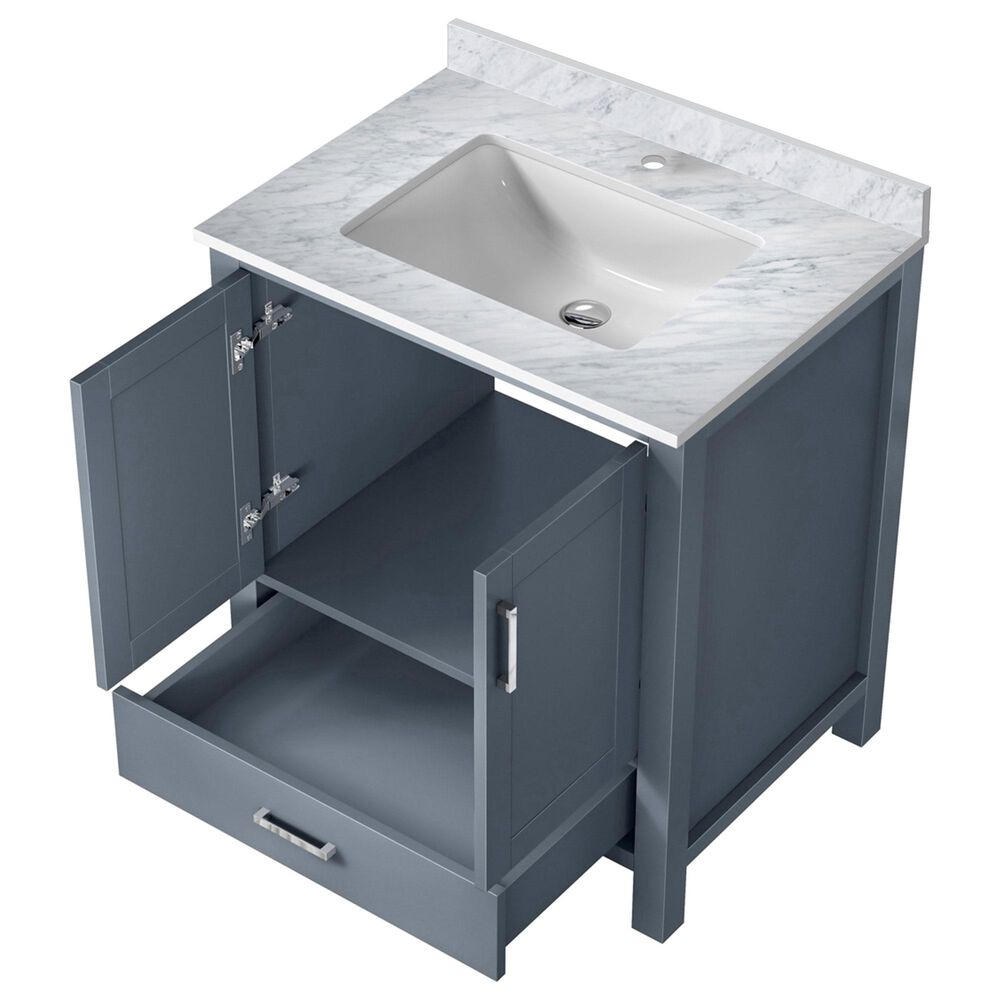 Lexora Home Jacques 30&quot; Single Bathroom Vanity in Dark Grey with 2 cm White Carrara Marble Top and Rectangular Sink, , large