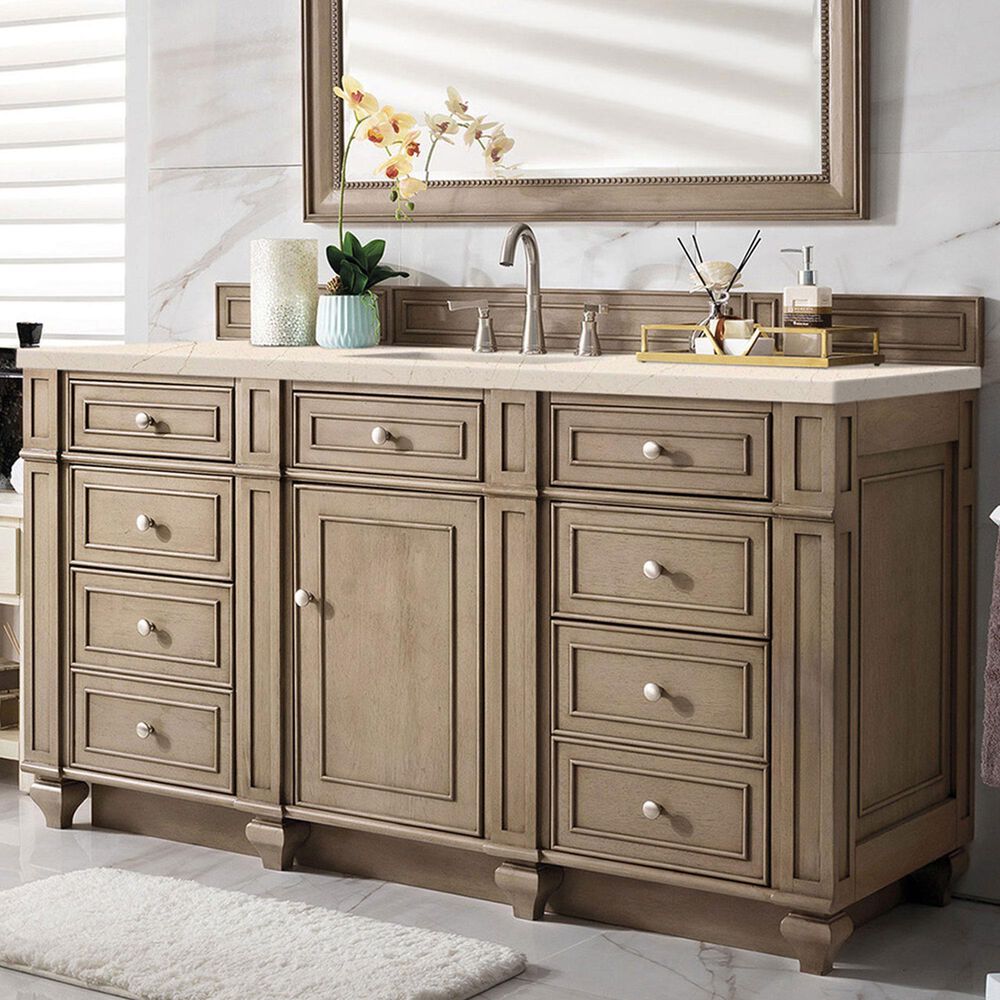 James Martin Vanities Bristol 60&quot; Single Bathroom Vanity in Whitewashed Walnut with 3 cm Eternal Marfil Quartz Top and Rectangular Sink, , large