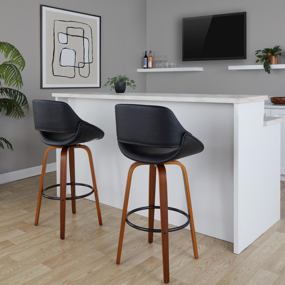 LumiSource Fabrico 30" Swivel Fixed-Height Bar Stool with Black Faux Leather Upholstery in Black and Walnut (Set of 2), , large
