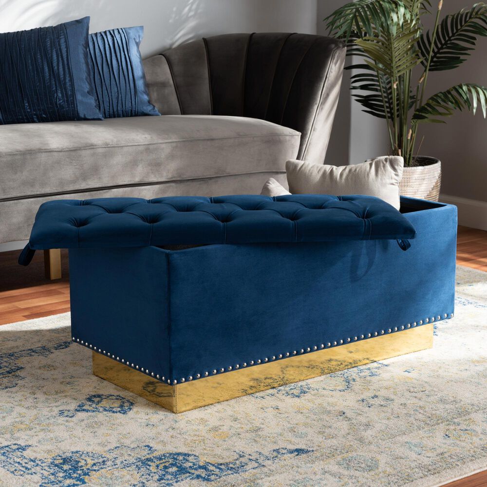 Baxton Studio Powell Storage Ottoman in Navy Blue and Gold, , large