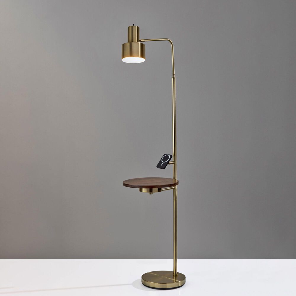 Adesso Wyatt Floor Lamp with Shelf and Wireless Charging in Antique Brass, , large