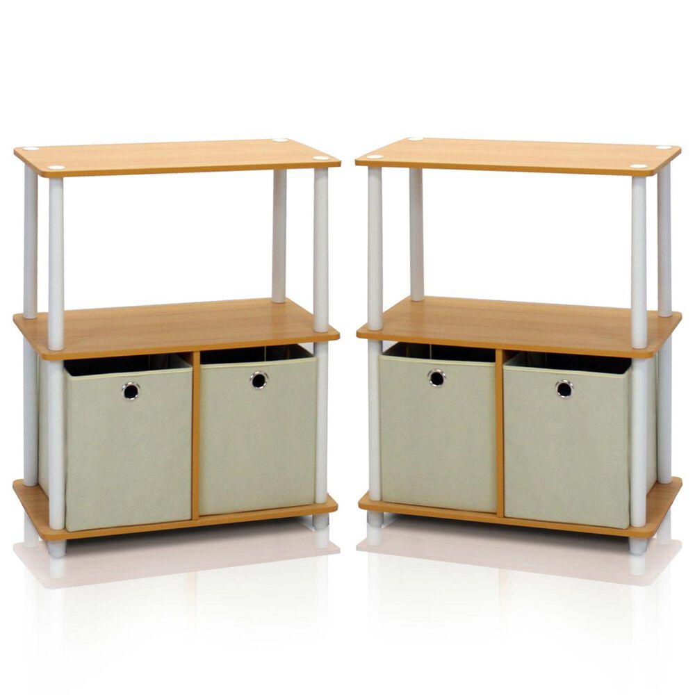 HOMLUX 3-Tier Multi-Purpose Bookcase with Two Bins in Beech and White (Set of 2), , large