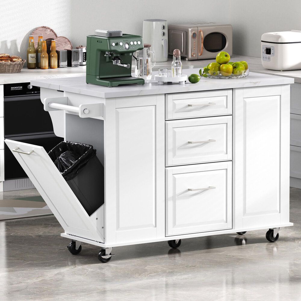 HOMLUX 51" Kitchen Island with Tilt Trash Can Cabinet in White, , large