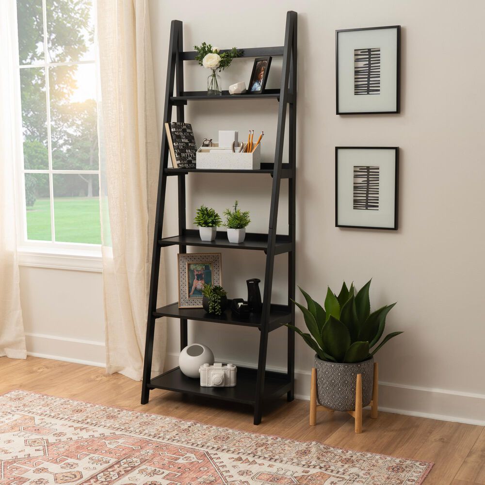 Linon Home Decor Charlotte 5-Shelf Ladder Bookcase in Black, , large