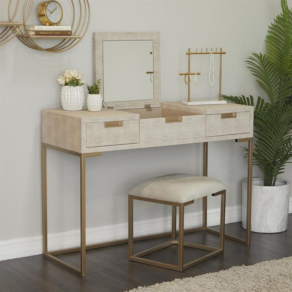 Maple and Jade Vanity Stool and Hidden Mirror in Light Gray and Gold, , large