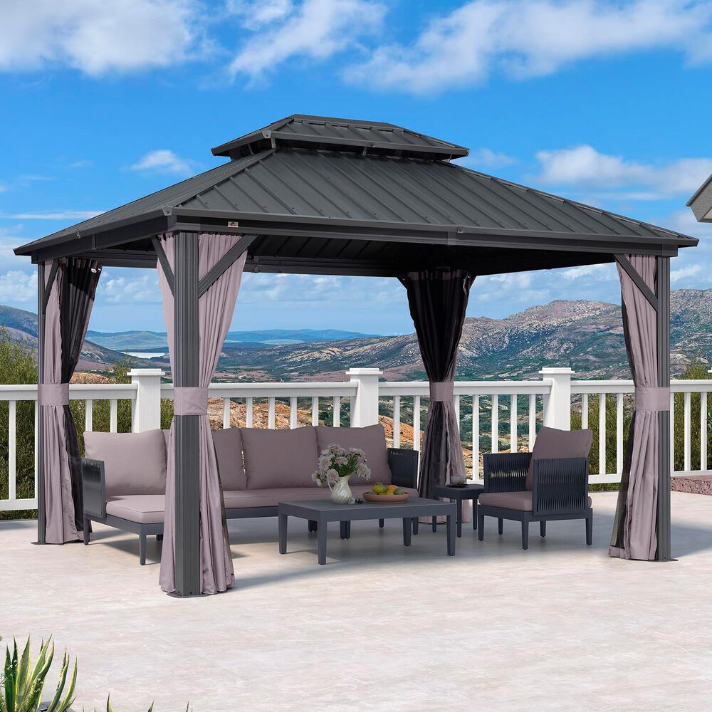 HOMLUX 10" x 12" Outdoor Hardtop Gazebo with Galvanized Steel Roof, Netting, and Curtains Gray, , large
