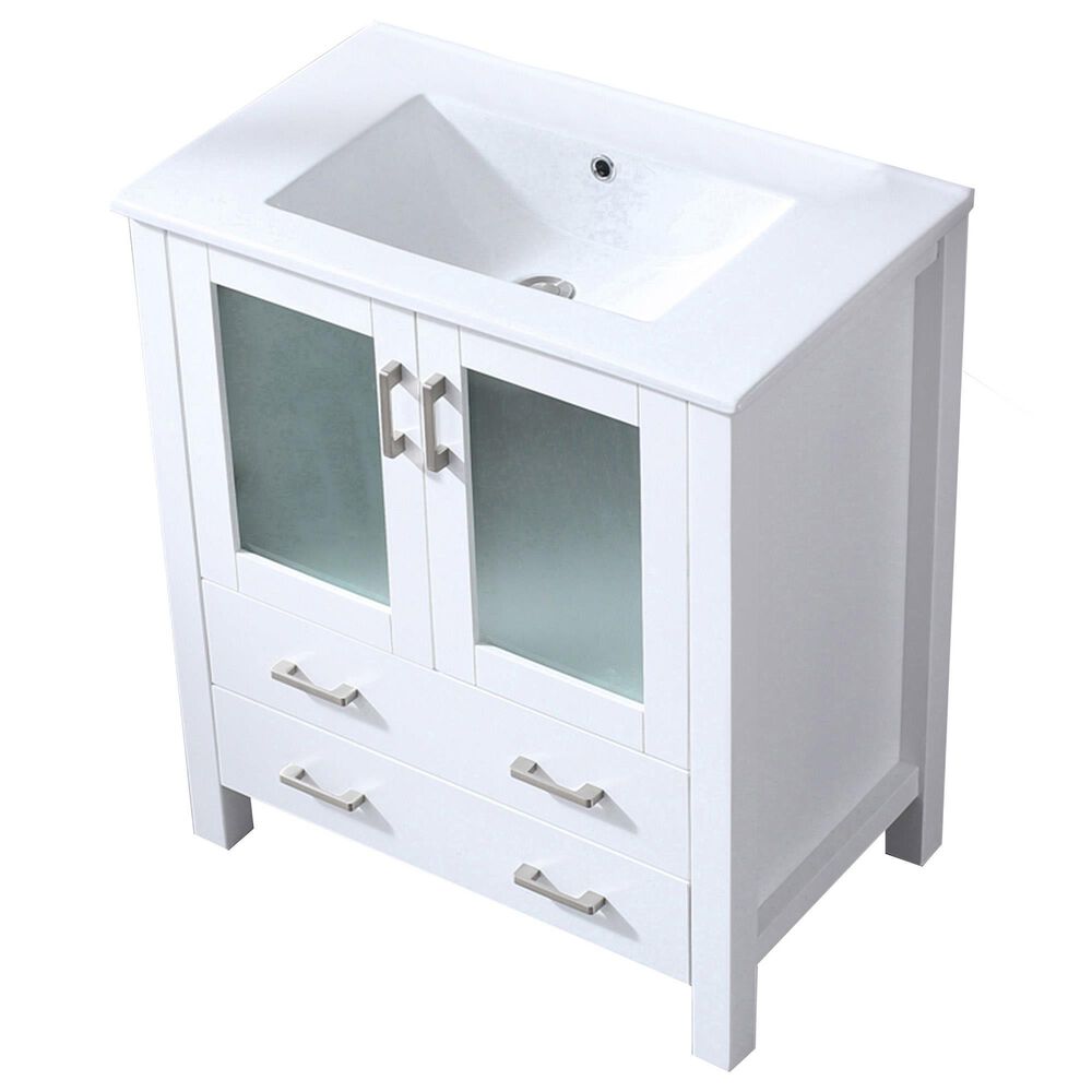 Lexora Home Volez 30&quot; Single Bathroom Vanity in White with 2 cm White Ceramic Top and Rectangular Sink, , large