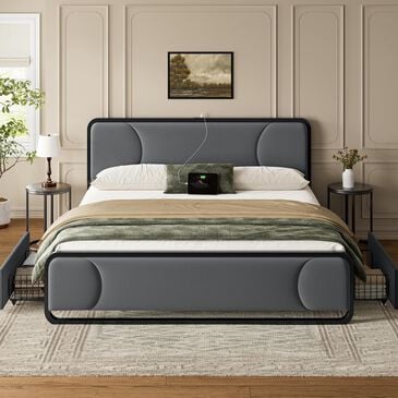HOMLUX King Upholstered Platform Bed Frame in Gray, , large