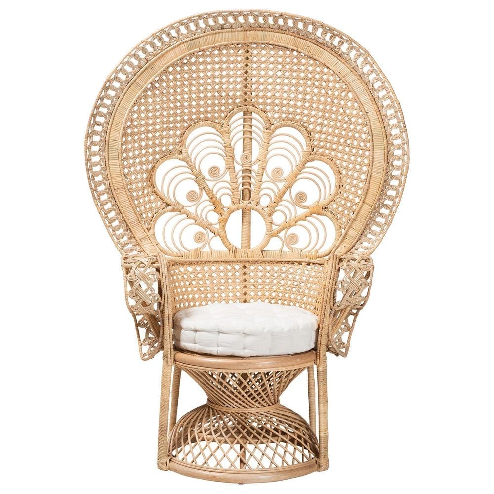 Baxton Studio Ediva Patio Accent Chair with Natural Brown Rattan in White, , large