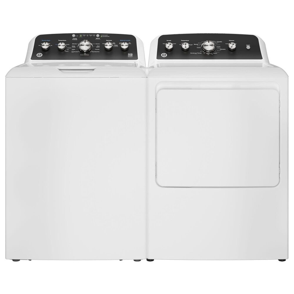 GE Appliances 4.5 Cu. Ft. Top Load Washer with Spanish Panel and 7.2 Cu. Ft. Gas Dryer Laundry Pair in White and Matte Black, , large