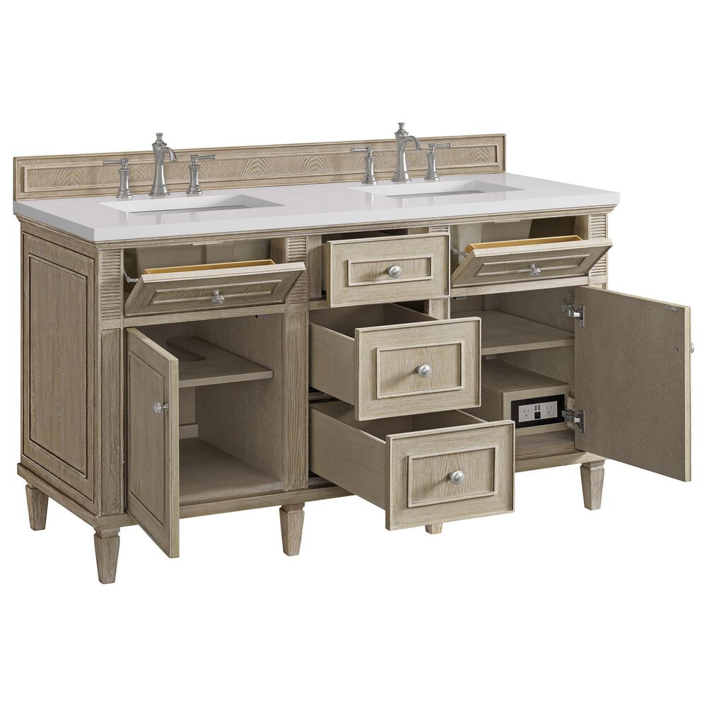 James Martin Vanities Lorelai 60&quot; Double Vanity in Whitewashed Oak with 3 cm White Zeus Quartz Top, , large