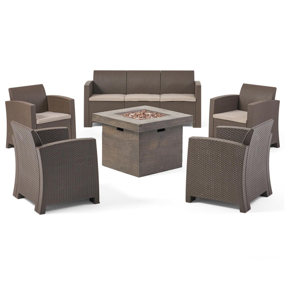 Noble House Selway 6-Piece Patio Square Firepit Chat Set in Brown, , large