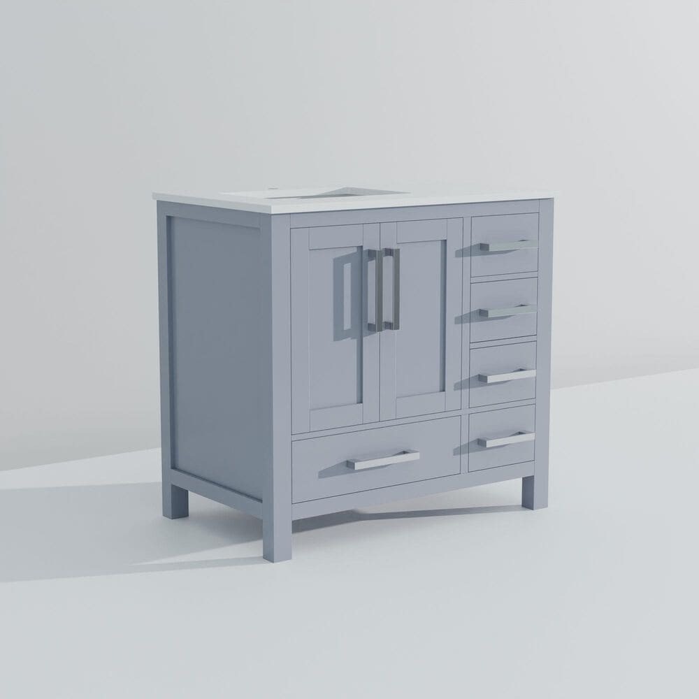 Lexora Home Jacques 36&quot; Left Offset Single Bathroom Vanity in Dark Grey with 2 cm White Quartz Top and Rectangular Sink, , large
