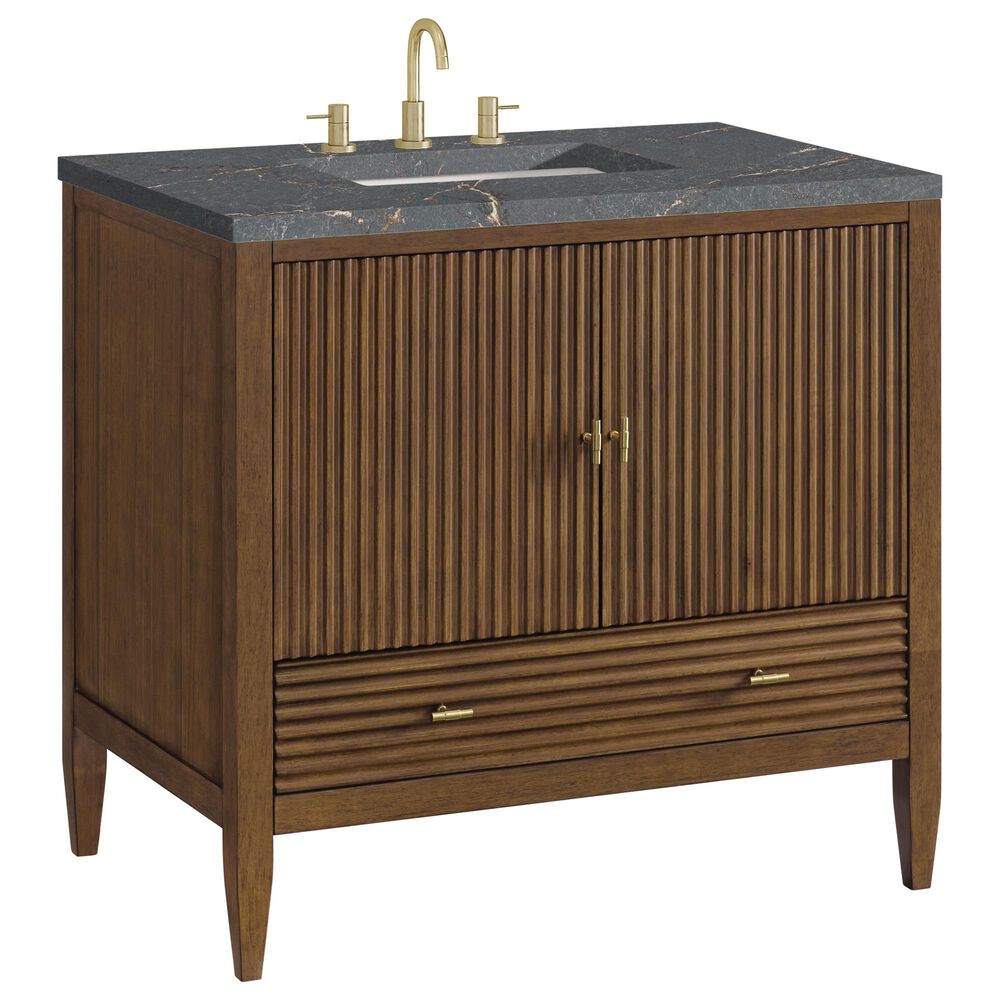 James Martin Vanities Myrrin 36" Vanity in Mid-Century Walnut with 3 cm Parisien Bleu Quartz Top, , large
