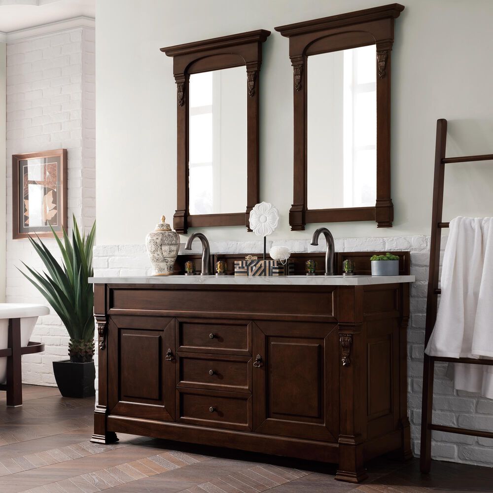 James Martin Vanities Brookfield 60&quot; Double Bathroom Vanity in Burnished Mahogany with 3 cm Lime Delight Quartz Top and Rectangular Sinks, , large