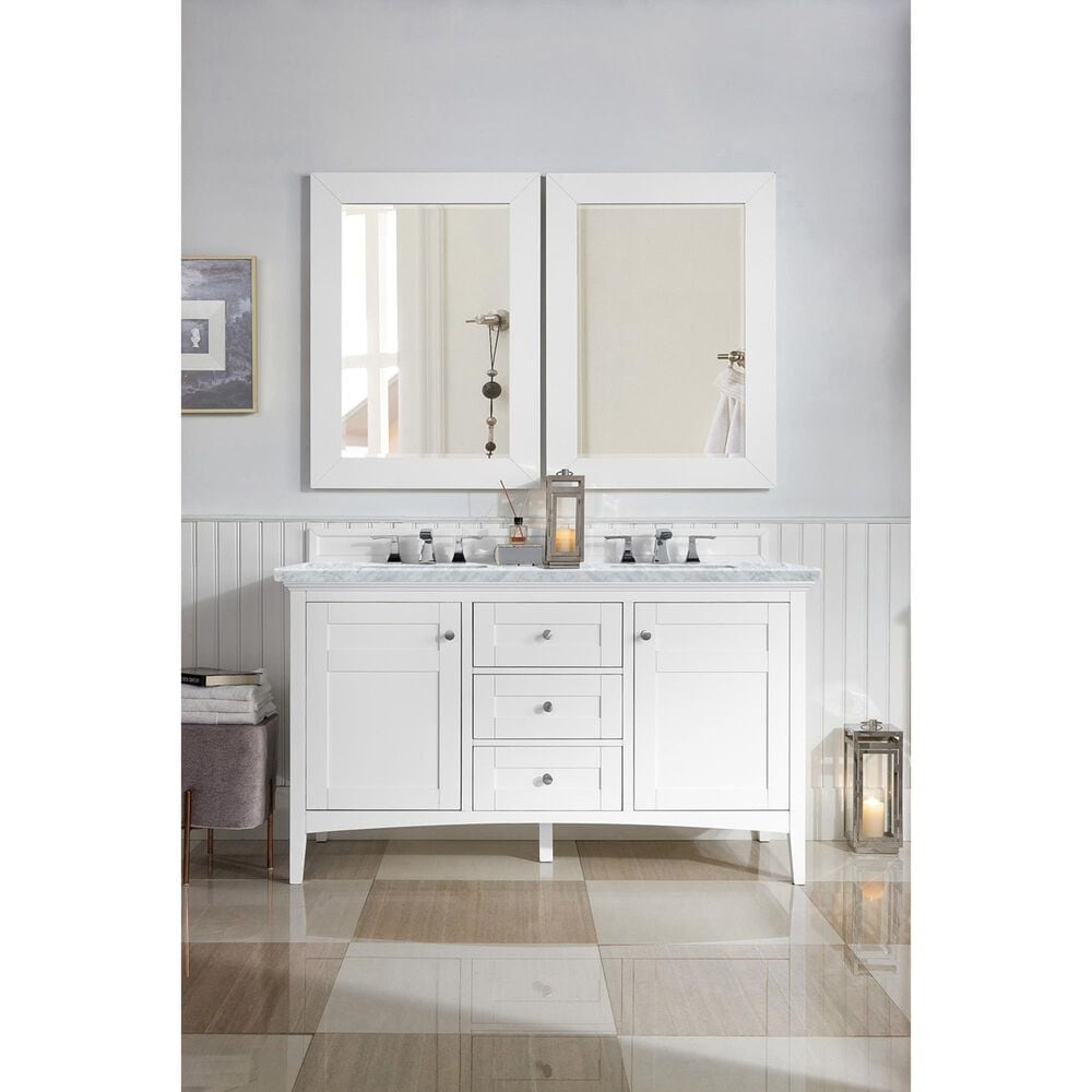 James Martin Vanities Palisades 60&quot; Double Bathroom Vanity in Bright White with 3 cm Carrara White Marble Top and Rectangular Sinks, , large