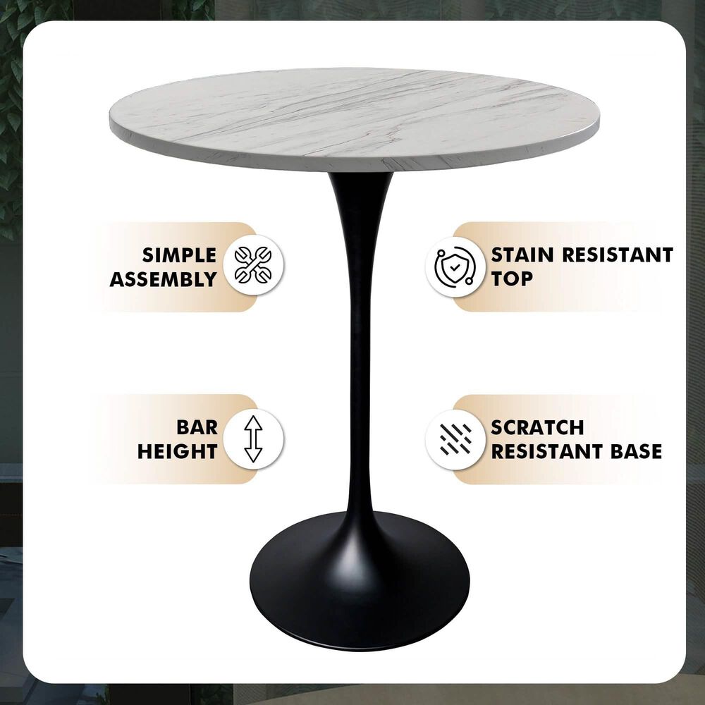 Leisuremod LeisureMod Verve Collection Modern Bar Height Table Black Base with 27 Round Marbleized White Laminated Top, , large