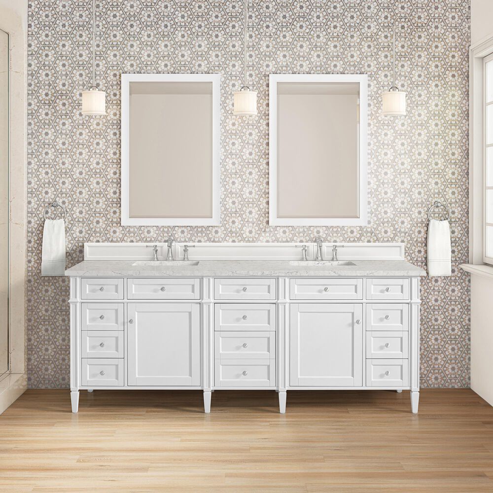 James Martin Brittany 84" Double Bathroom Vanity in Bright White with 3 cm Eternal Jasmine Pearl Top, Rectangular Sinks and FreePower Wireless Charger, , large