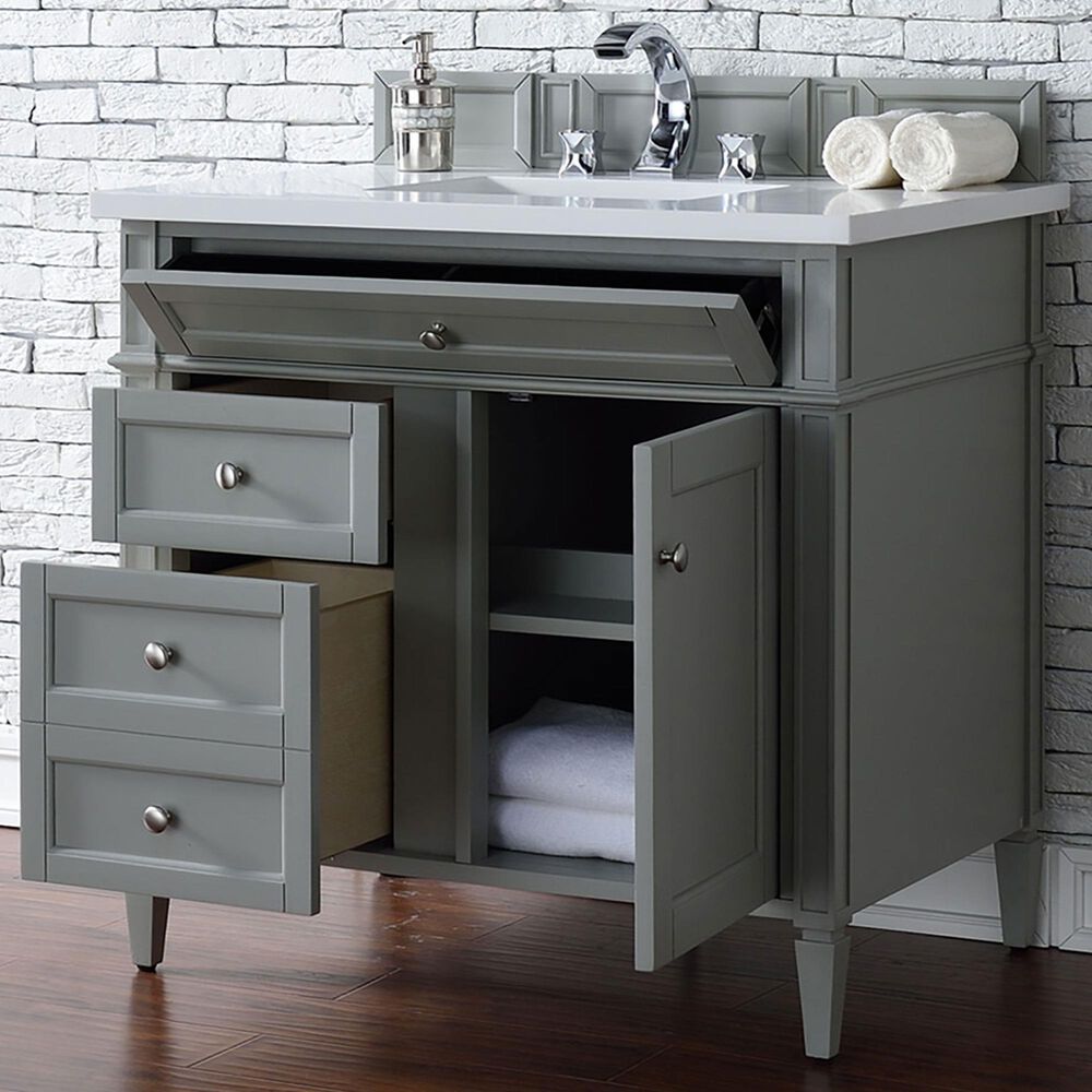 James Martin Vanities Brittany 36" Single Bathroom Vanity in Urban Gray with 3 cm White Zeus Quartz Top and Rectangular Sink, , large