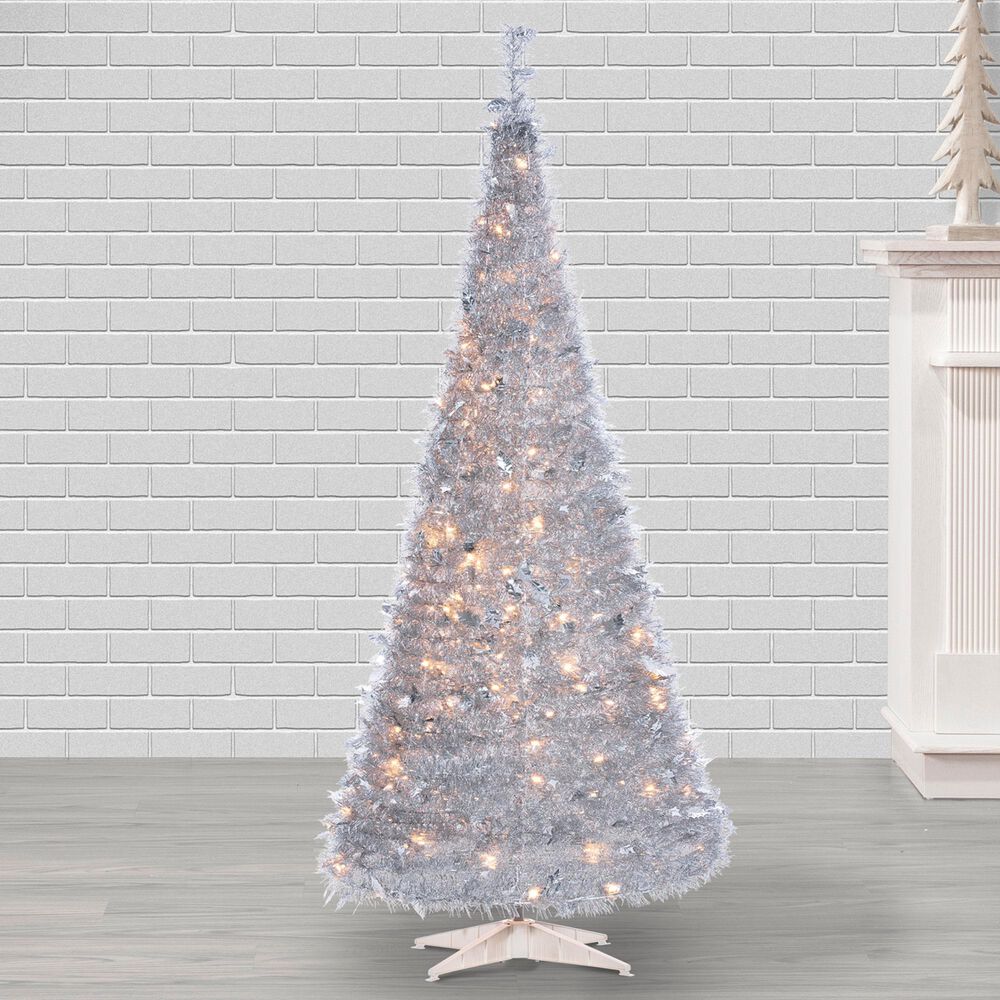 The Gerson Company 6&#39; Pop-Up LED Silver Tinsel Tree with Holly Leaves in Silver, , large