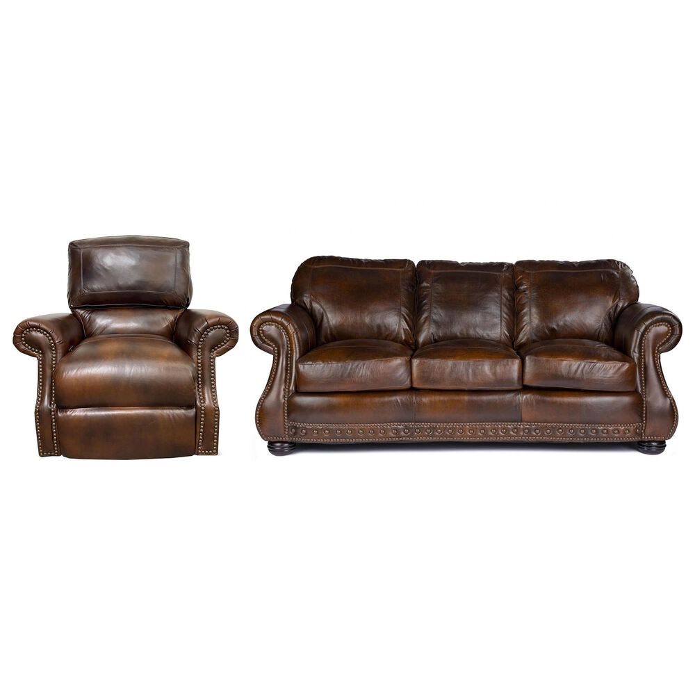 Marlowe Home Stationary Leather Sofa and Power Recliner Set in Chesterfield Cowboy, , large