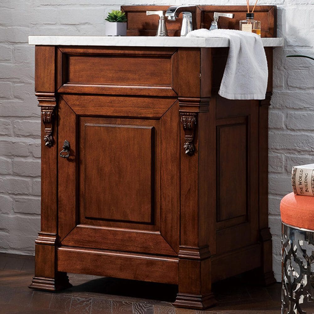 James Martin Vanities Brookfield 26&quot; Single Bathroom Vanity in Warm Cherry with 3 cm Carrara White Marble Top and Rectangle Sink, , large