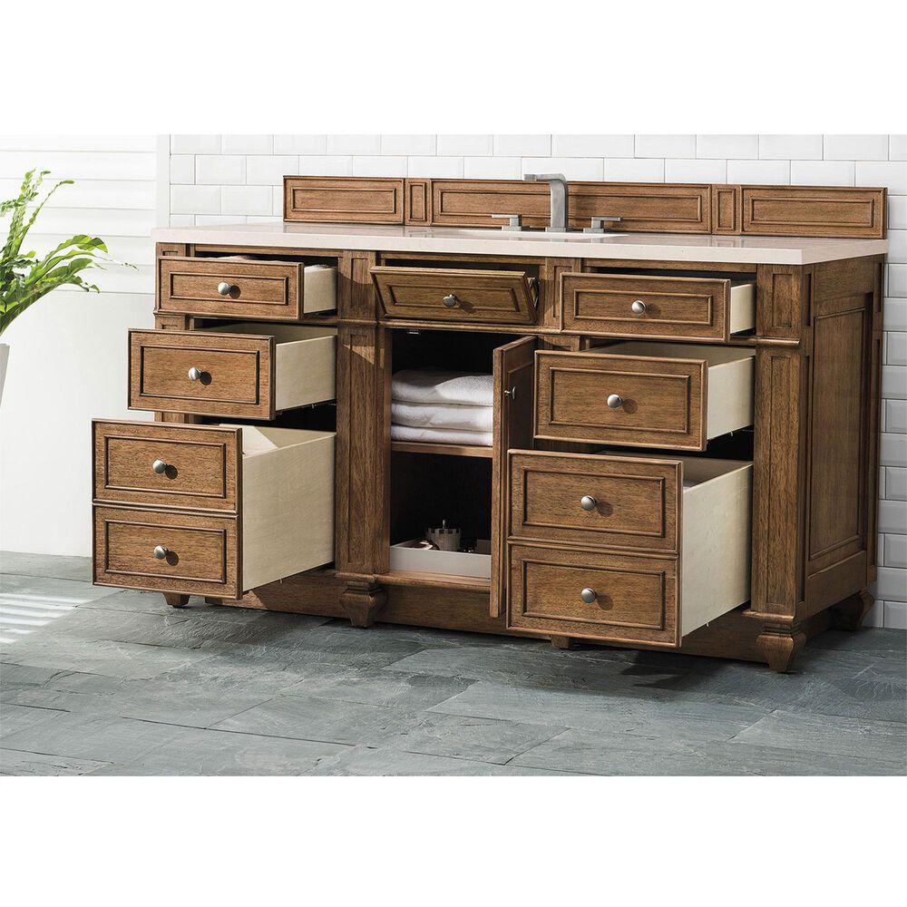 James Martin Vanities Bristol 60&quot; Single Bathroom Vanity in Saddle Brown with 3 cm Eternal Marfil Quartz Top and Rectangular Sink, , large