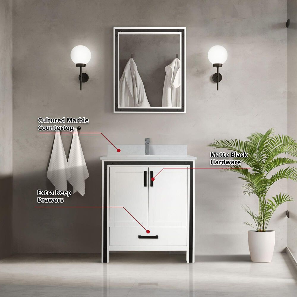 Lexora Home Ziva 30&quot; Single Bathroom Vanity in White with 2 cm White Quartz Top and Rectangular Sink, , large
