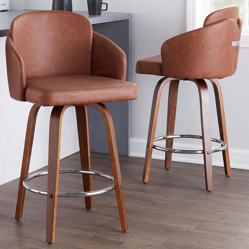 LumiSource Dahlia Swivel Counter Stool with Camel Upholstery in Walnut and Chrome (Set of 2), , large