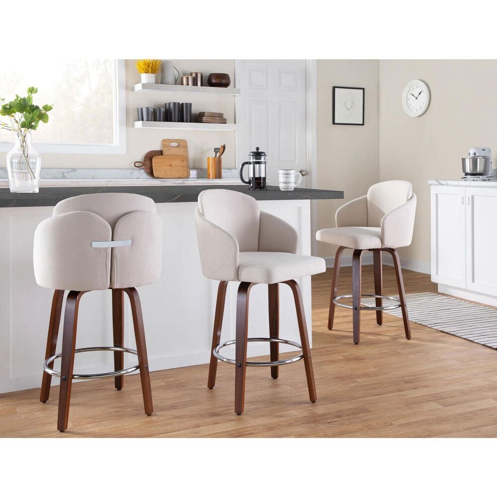 LumiSource Dahlia Swivel Counter Stool with Cream Fabric Upholstery in Walnut and Chrome (Set of 2), , large