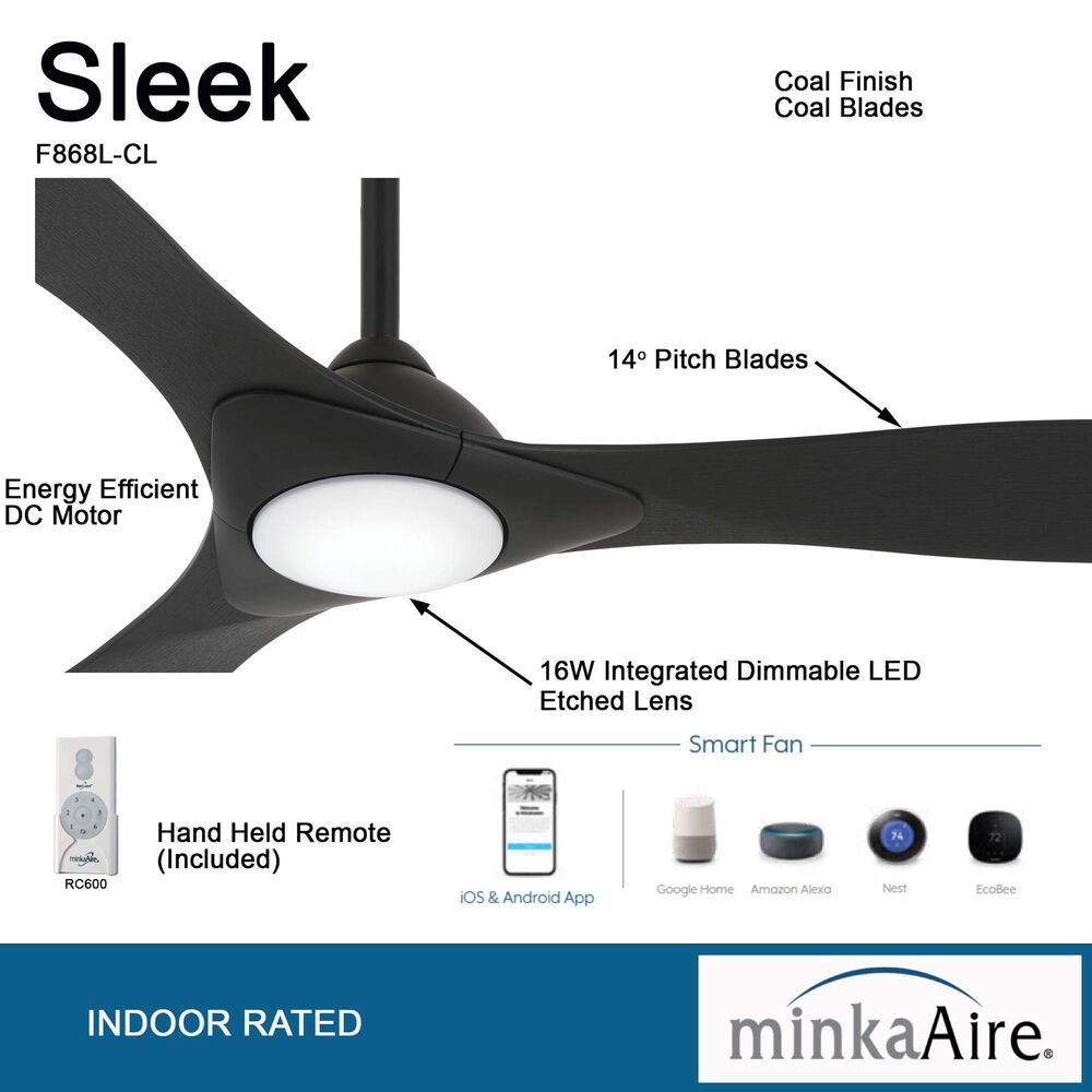 Minka-Aire Sleek 60" Smart Ceiling Fan with LED Light in Coal, , large