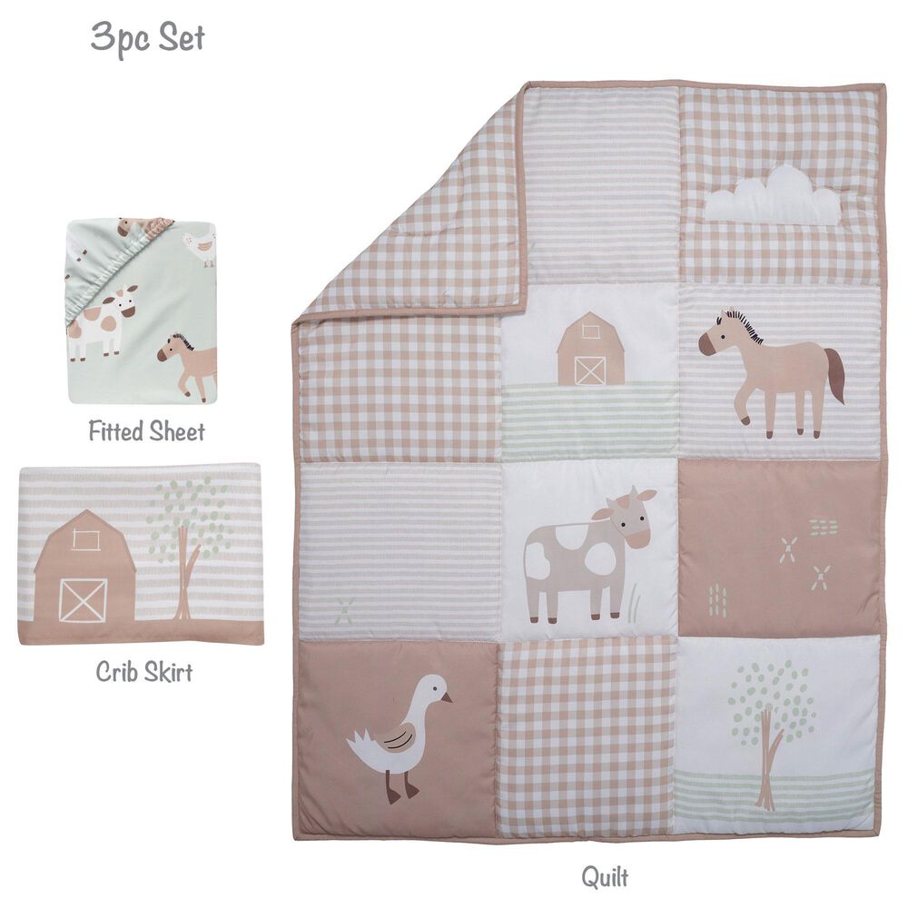 Lambs &amp; Ivy Farmyard 3-Piece Crib Bedding Set in Taupe, White and Sage Green, , large