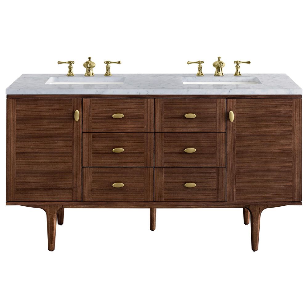 James Martin Vanities Amberly 60" Double Bathroom Vanity in Walnut with 3 cm Carrara White Marble Top and Rectangular Sinks, , large
