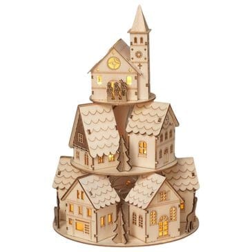 The Gerson Company 12" Laser Cut Wood Rotating Village Scene with Lighted and Wind-Up Musical in Multicolor, , large