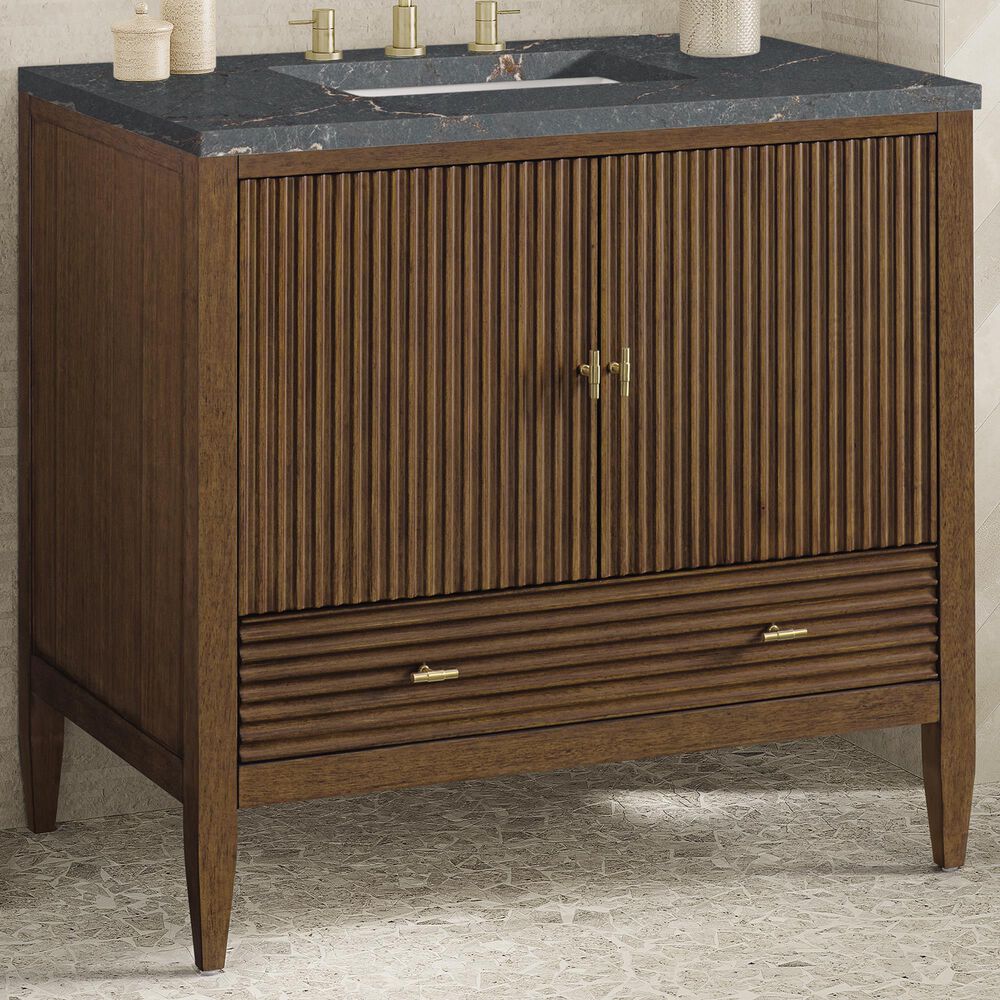 James Martin Vanities Myrrin 36&quot; Vanity in Mid-Century Walnut with 3 cm Parisien Bleu Quartz Top, , large