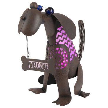 The Gerson Company 12.85" Solar Pink Lighted Garden Welcome Dog in Rustic Brown, , large