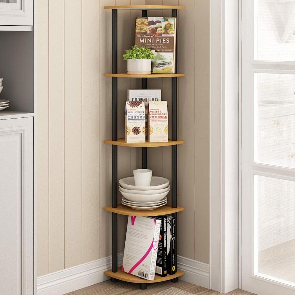 HOMLUX 5-Tier Modern Tall Corner Open Bookshelf in Light Cherry and Black, , large