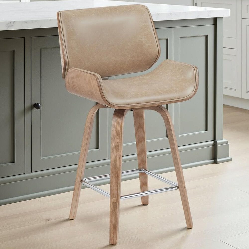 Armen Living Tyler Swivel Counter Stool with Vintage Brown Cushion in White Washed, , large