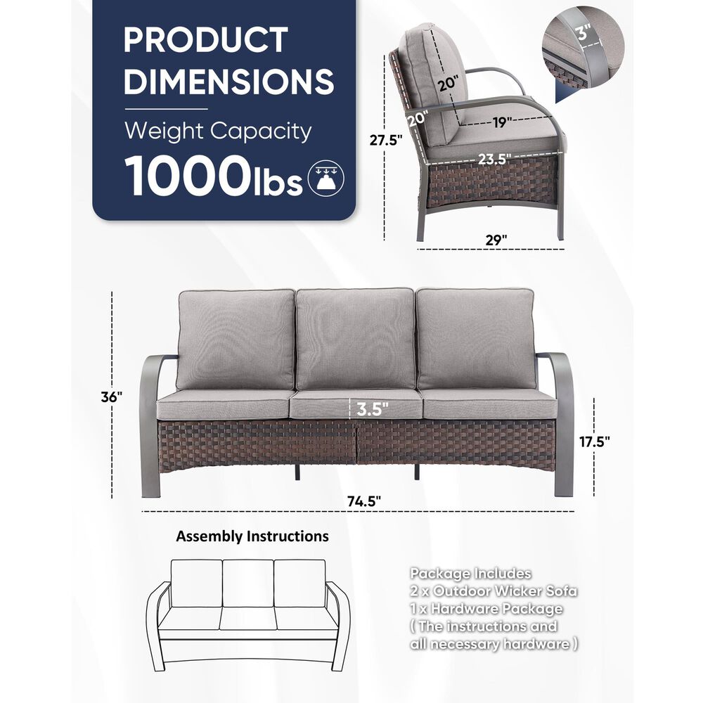 Sunwell Garden 3-Seater Patio Sofa with Curved Armrests in Gray, , large